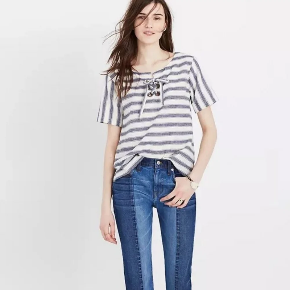 ❤️ MADEWELL STRIPED LINEN LACE UP TOP, SMALL